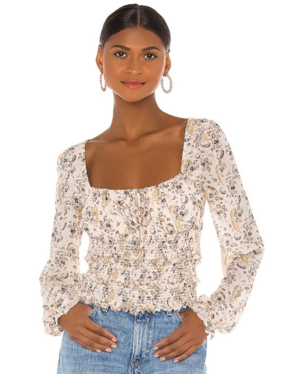Free People Lolita Cream Paisley Boho Sheer Cropped Rouched Blouse Women's Small